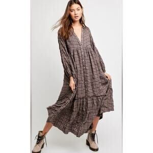 Free People Edie Maxi Dress Womens Size L Plaid Button Front Boho Cottage Fall
